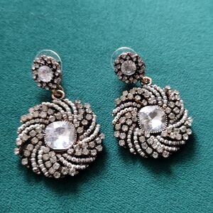 2/$30 Elegant Vintage Gold Tone Brass Crystal Swirl Drop Earrings